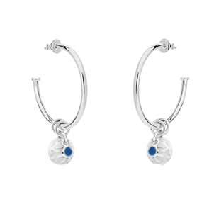 Fashionable.Me large silver hoops with sphere and blue round charms-