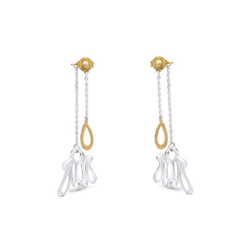 Winged Spirit long bicolor silver dangle earrings with wing motif and chains-