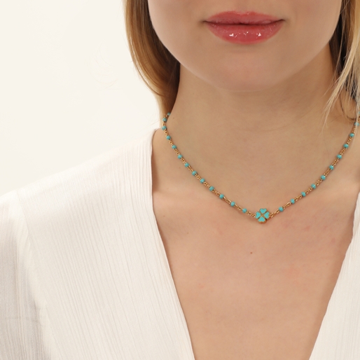 Blissful Heart4Heart short gold plated necklace turquoise enamel and motif-