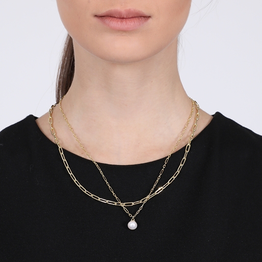 The Chain Addiction gold plated double chain necklace with pearl-