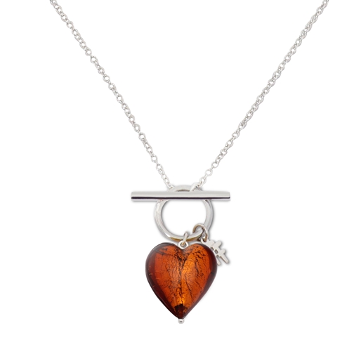 Hearty Candy long silver necklace with bronze Murrine glass heart and bar clasp-