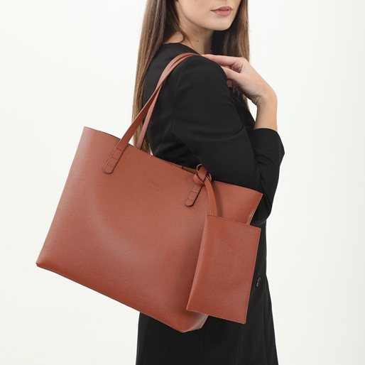 City Vibes καφέ tote τσάντα με εσωτερικό τσαντάκι και πορτοφόλι-