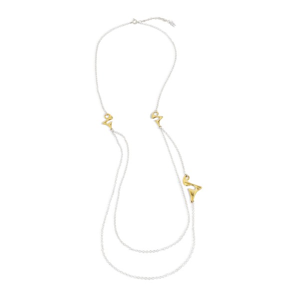 Beauty Flow long silver double chain necklace with irregular motifs