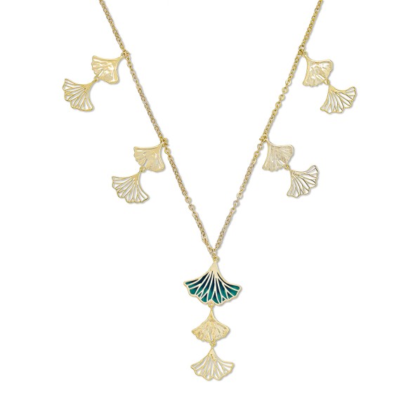 Mystic Petals ladies gold plated long necklace with green enamel