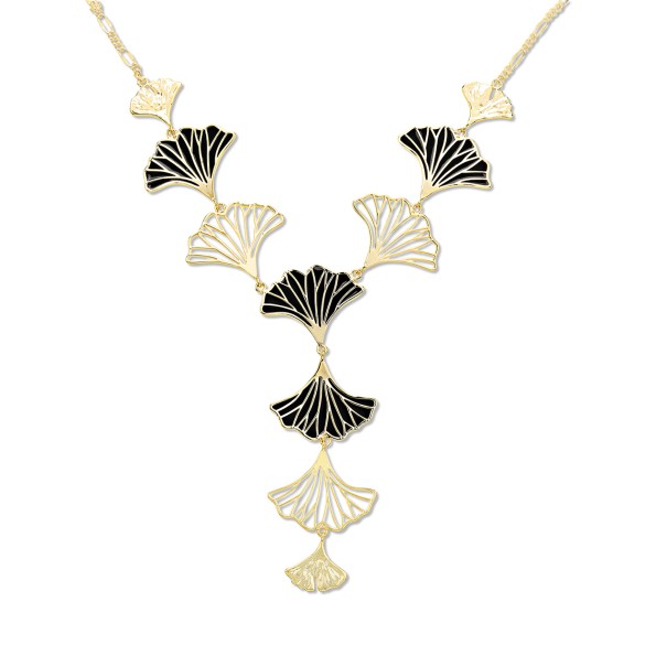 Mystic Petals ladies gold plated long necklace with motifs and black enamel