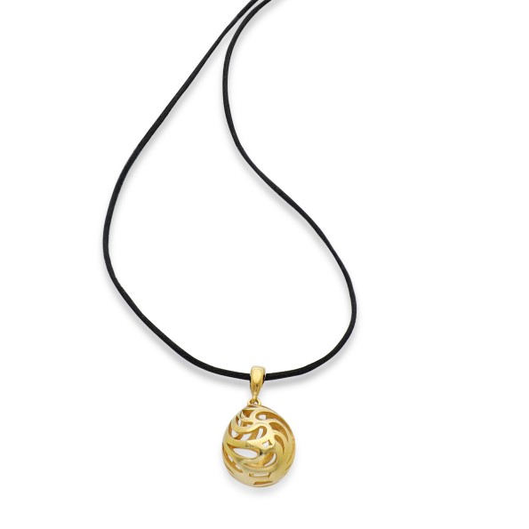 Flowing Aura long cord necklace with perforated gold plated drop motif