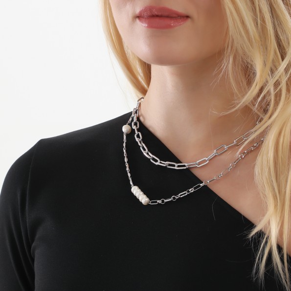 The Chain Addiction κοντό ασημί κολιέ αλυσίδα με πέρλες Κοσμήματα