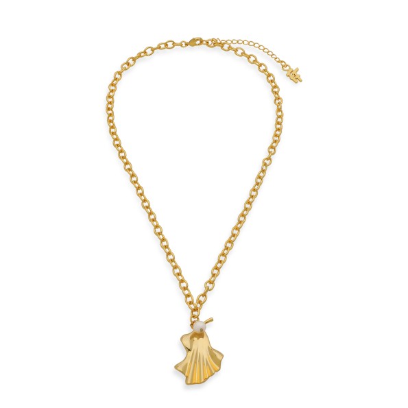 Ruffle Glam κοντό κολιέ επίχρυσο αλυσίδα μοτίφ κυματιστό πέταλο και πέρλα