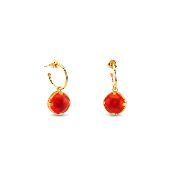 On and On ladies gold plated hoop earrings with a medium square synthetic stone