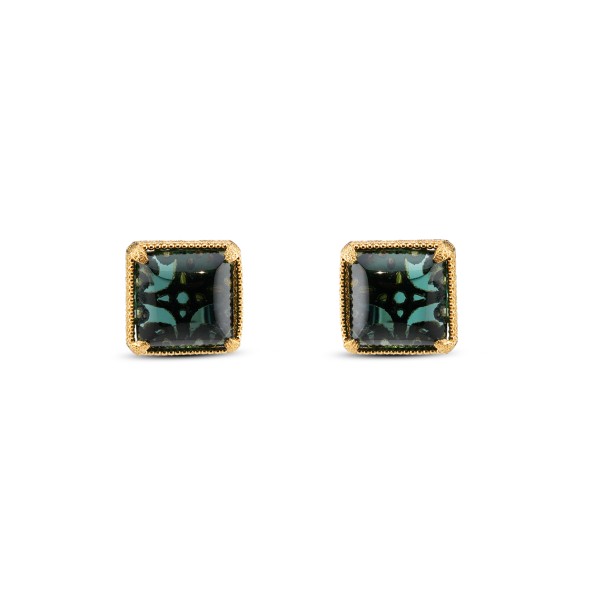 On and On ladies gold plated stud earrings with medium square synthetic stone