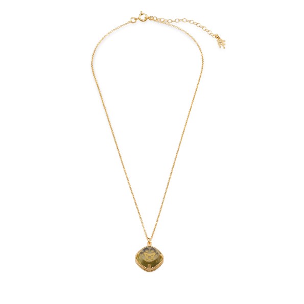 On and On ladies gold plated necklace with a medium square synthetic stone
