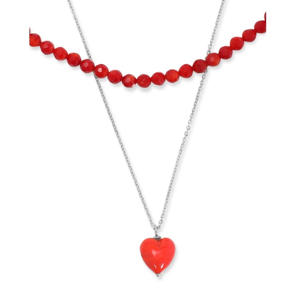 Γυναικείο ασημένιο διπλό κολιέ με κόκκινες πέτρες και κρεμαστή καρδιά