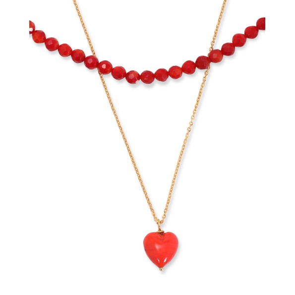 Γυναικείο επίχρυσο διπλό κολιέ με κόκκινες πέτρες και κρεμαστή καρδιά