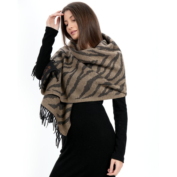 Φουλάρι από βισκόζη και αλπακά καφέ με animal print Αξεσουάρ